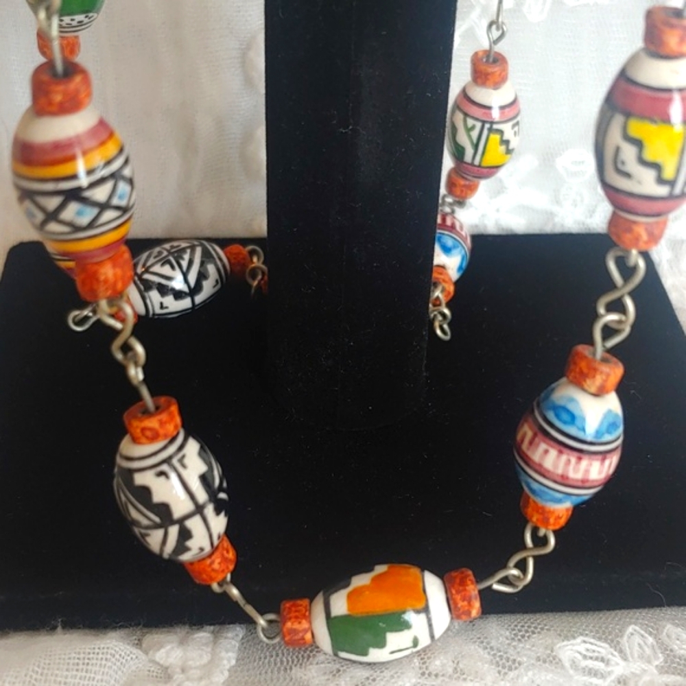 Colombian Hand Painted Clay Bead Necklace - Picture 6 of 13